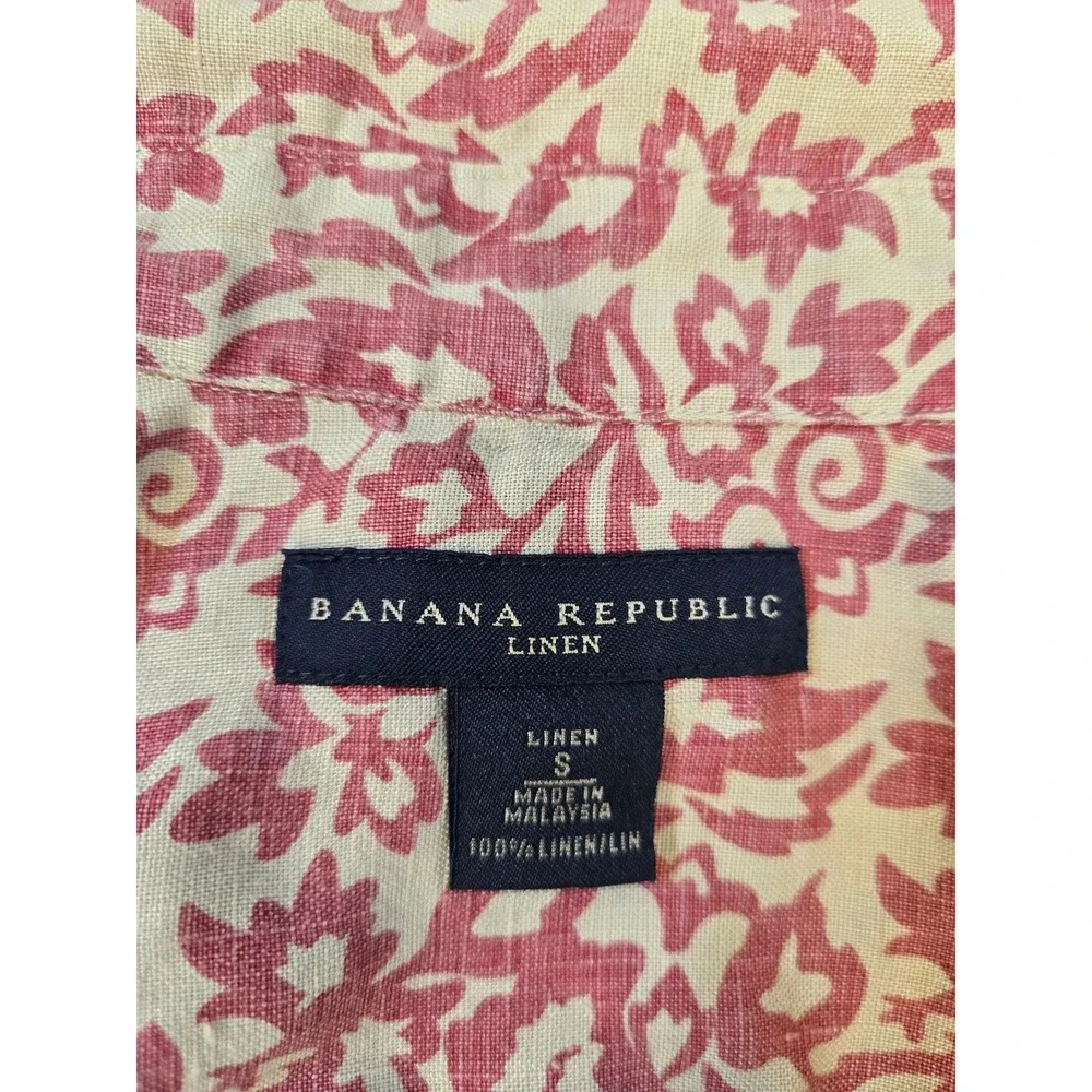 Banana Republic Mens Small Red Cream Damask Scroll Print‎ 100% Linen SS Shirt